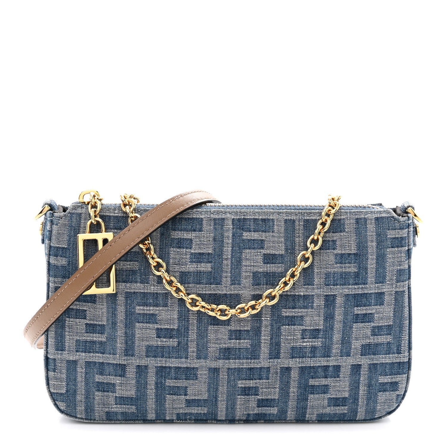 Fendi Denim Effect Fabric Jacquard FF Baguette Pouch Blue