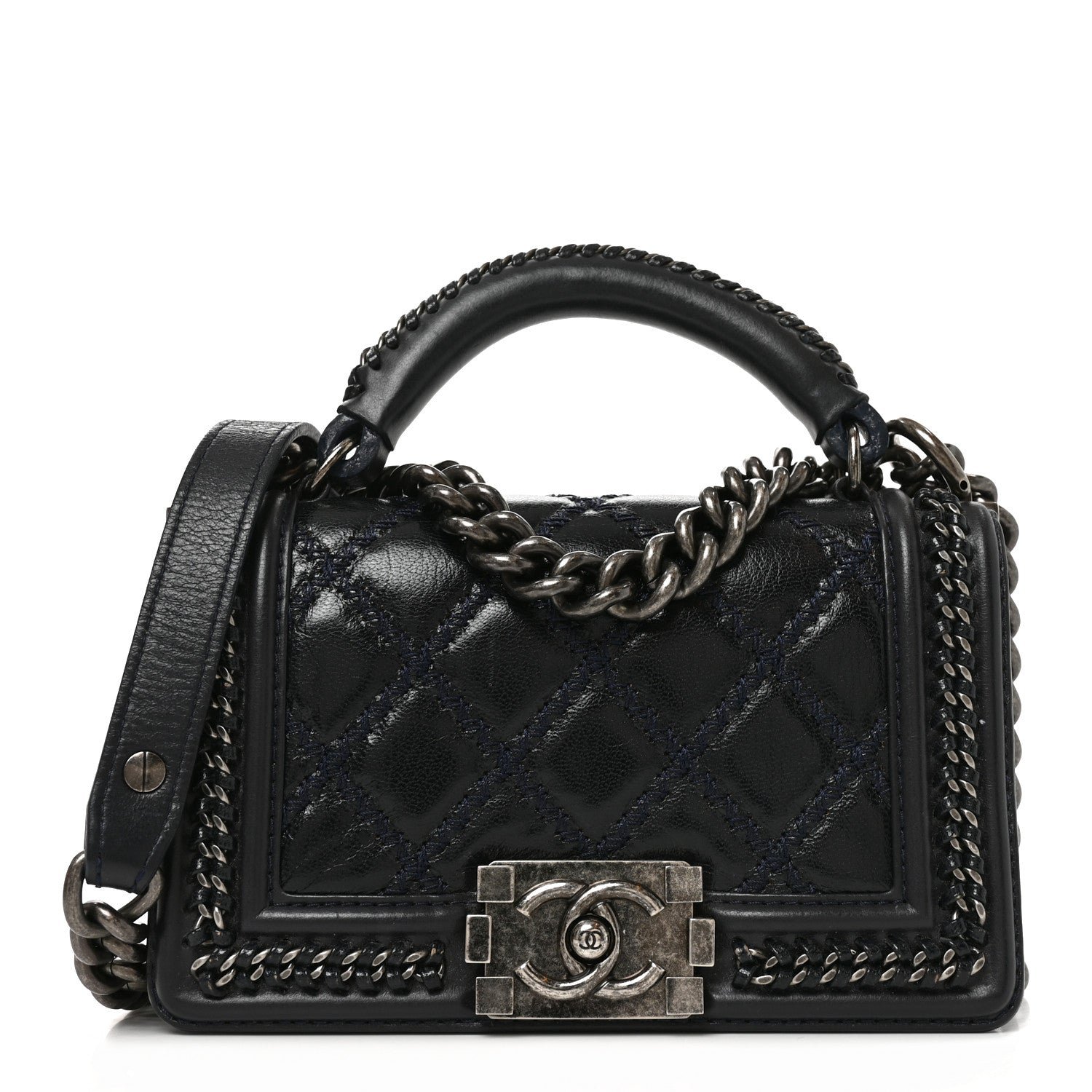 Chanel Shiny Goatskin Quilted Small Boy Top Handle Flap Navy Blue