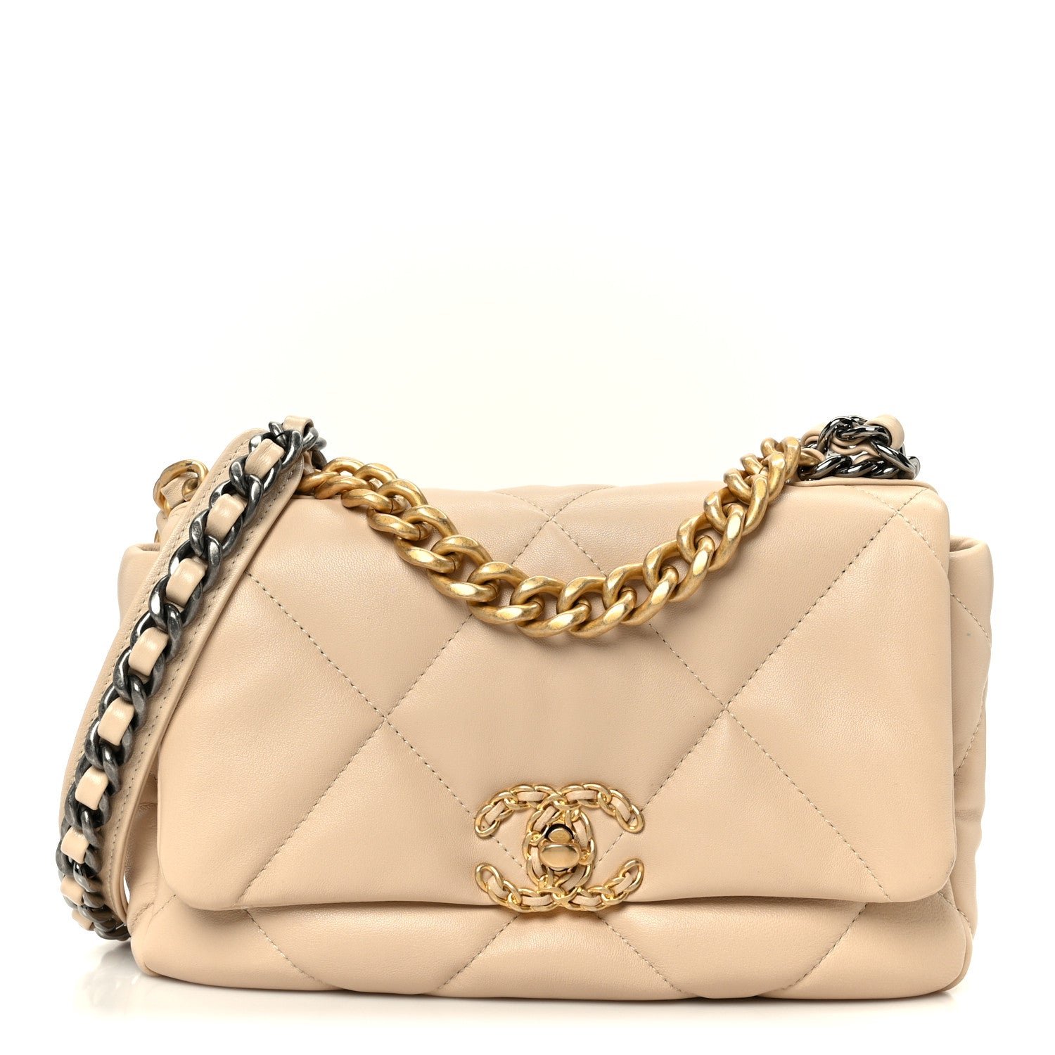 Chanel Shiny Goatskin Quilted Medium Chanel 19 Flap Beige