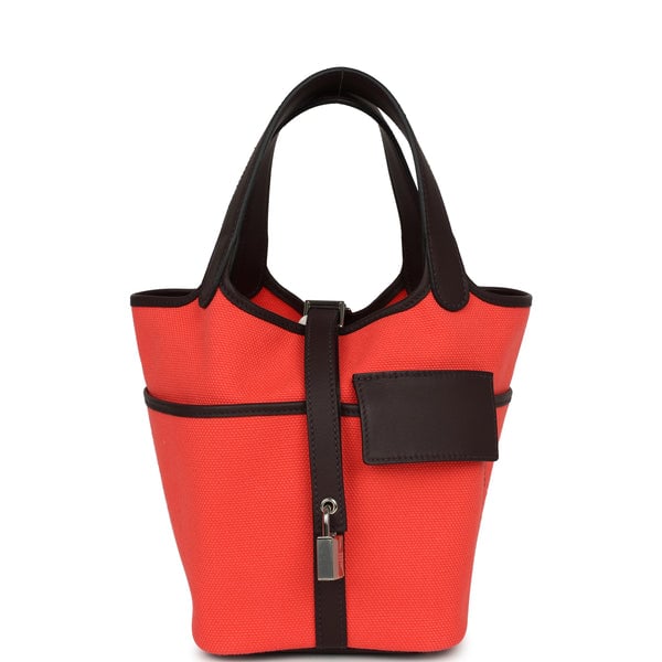 Hermes Cargo Picotin 18 Rose Texas Toile Goeland, Rouge Sellier Swift Palladium Hardware