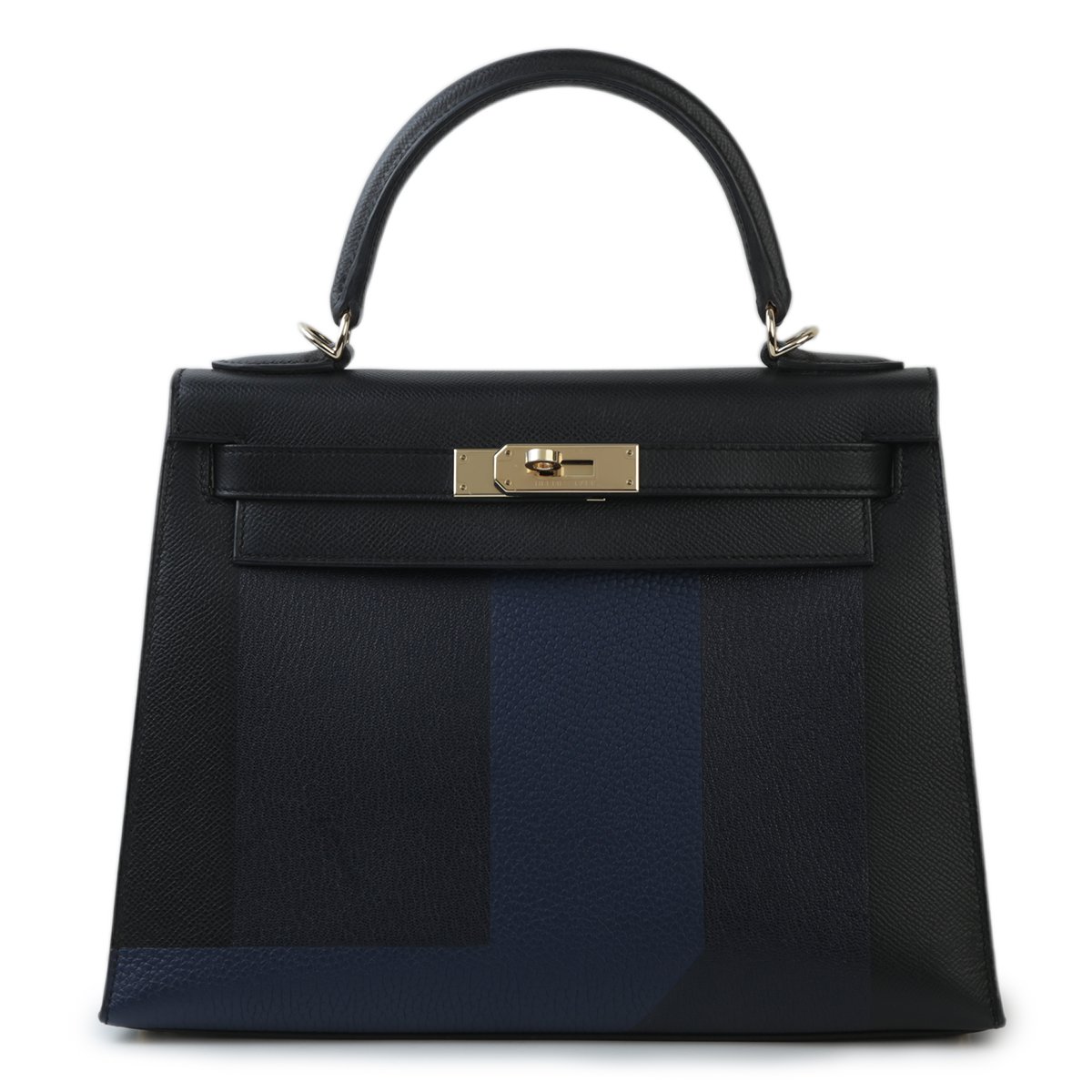 Hermes HERMÈS HSS Special Order Limited Edition Letter Kelly 28 Kelly Graphie S handbag in Black, Blue Indigo and Blue Sapphire Epsom leather with Permabrass hardware