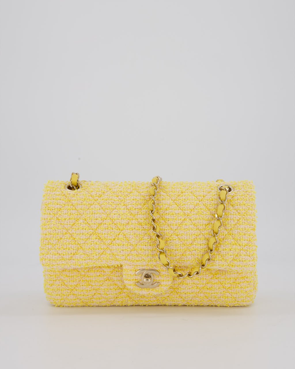 Chanel Yellow Medium Classic Double Flap Bag in Quilted Tweed with Champagne Hardware