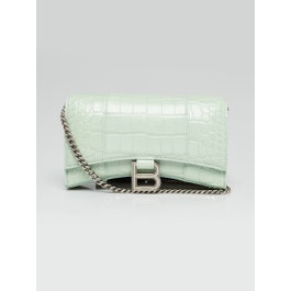 Balenciaga Balenciaga Light Green Croc Embossed Leather Soft Hourglass Wallet On Chain Bag