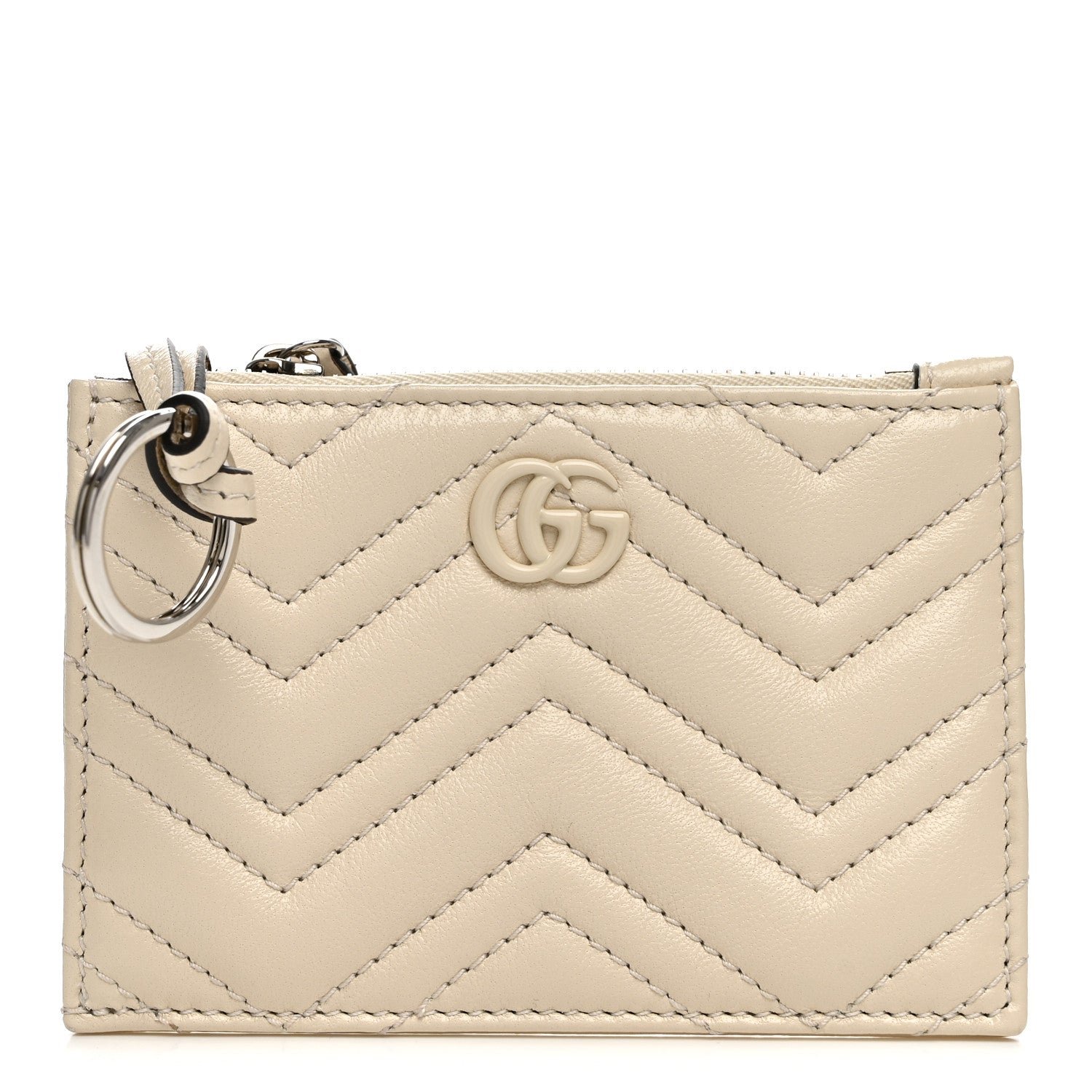 Gucci Lambskin Matelasse Monochrome GG Marmont Zip Key Pouch New Ivoire