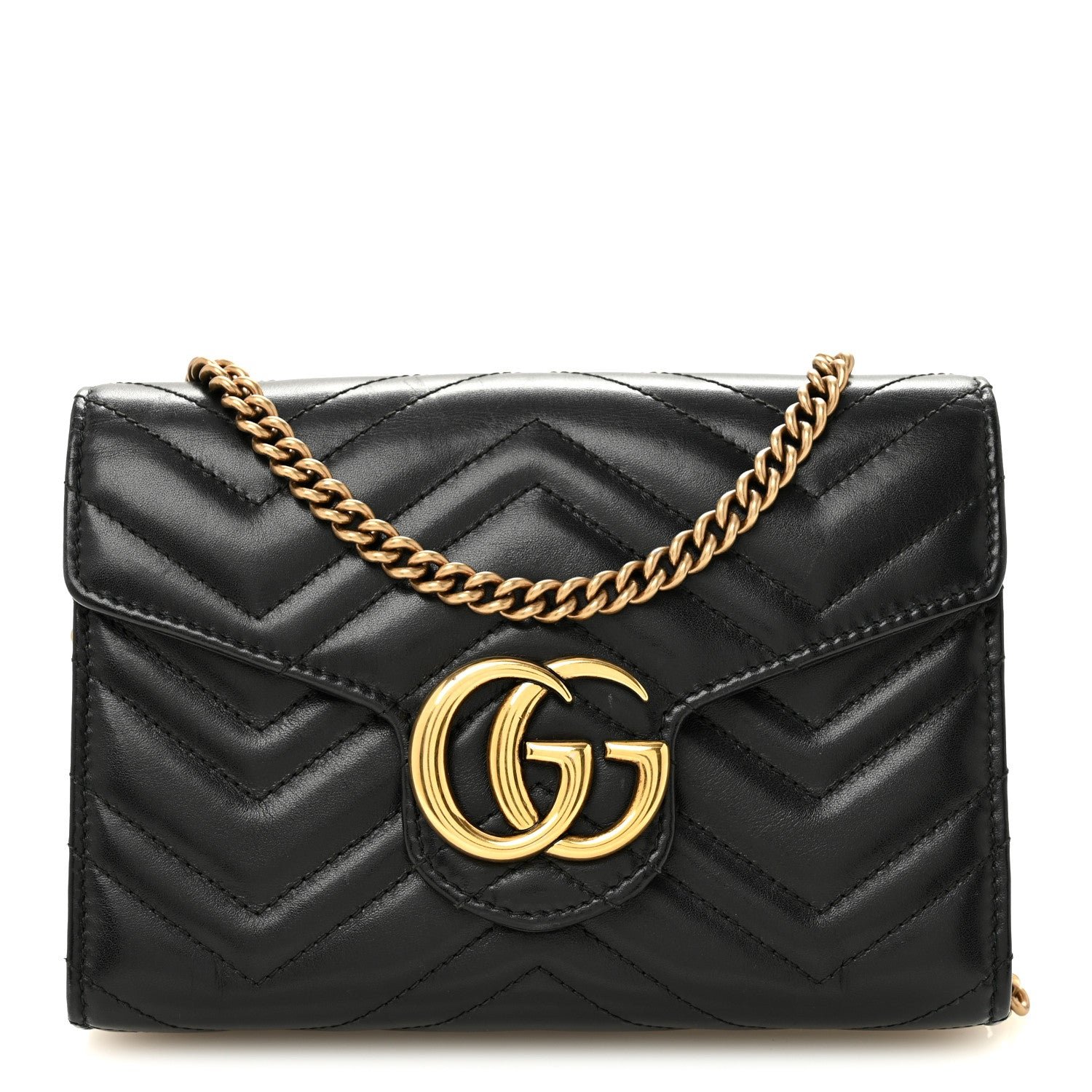 Gucci Calfskin Matelasse GG Marmont Chain Wallet Black