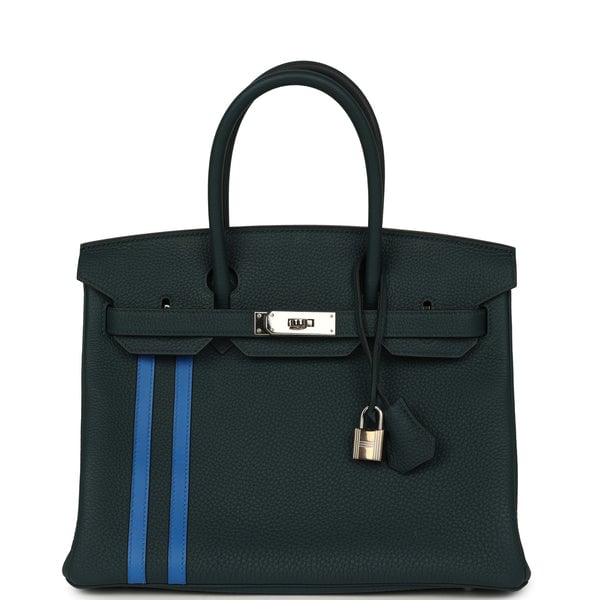 Hermes Pre-owned Hermes Officier Birkin 30 Vert Cypress, Bleu Zellige Togo Palladium Hardware