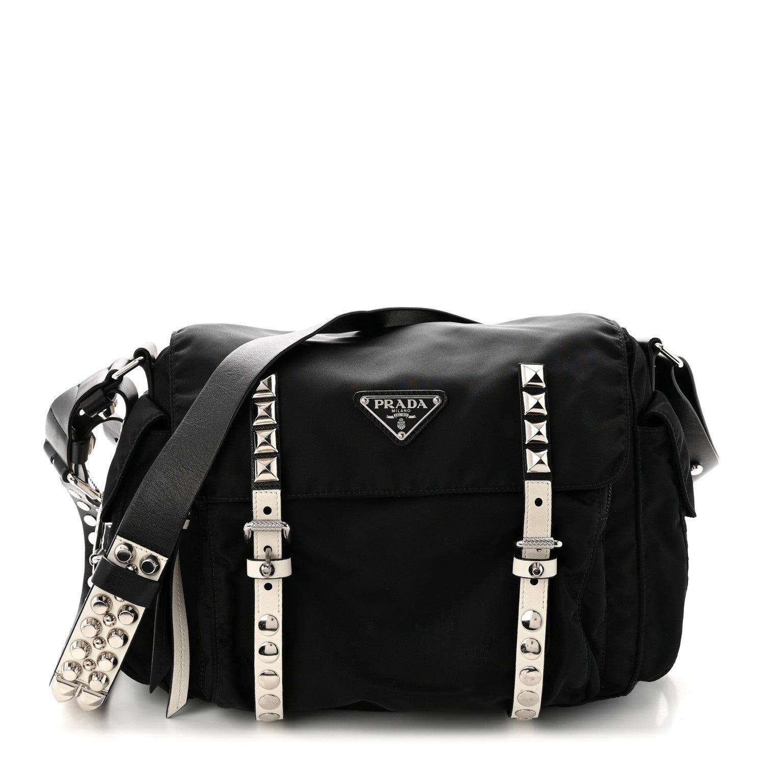 Prada Nylon New Vela Studded Messenger Black White