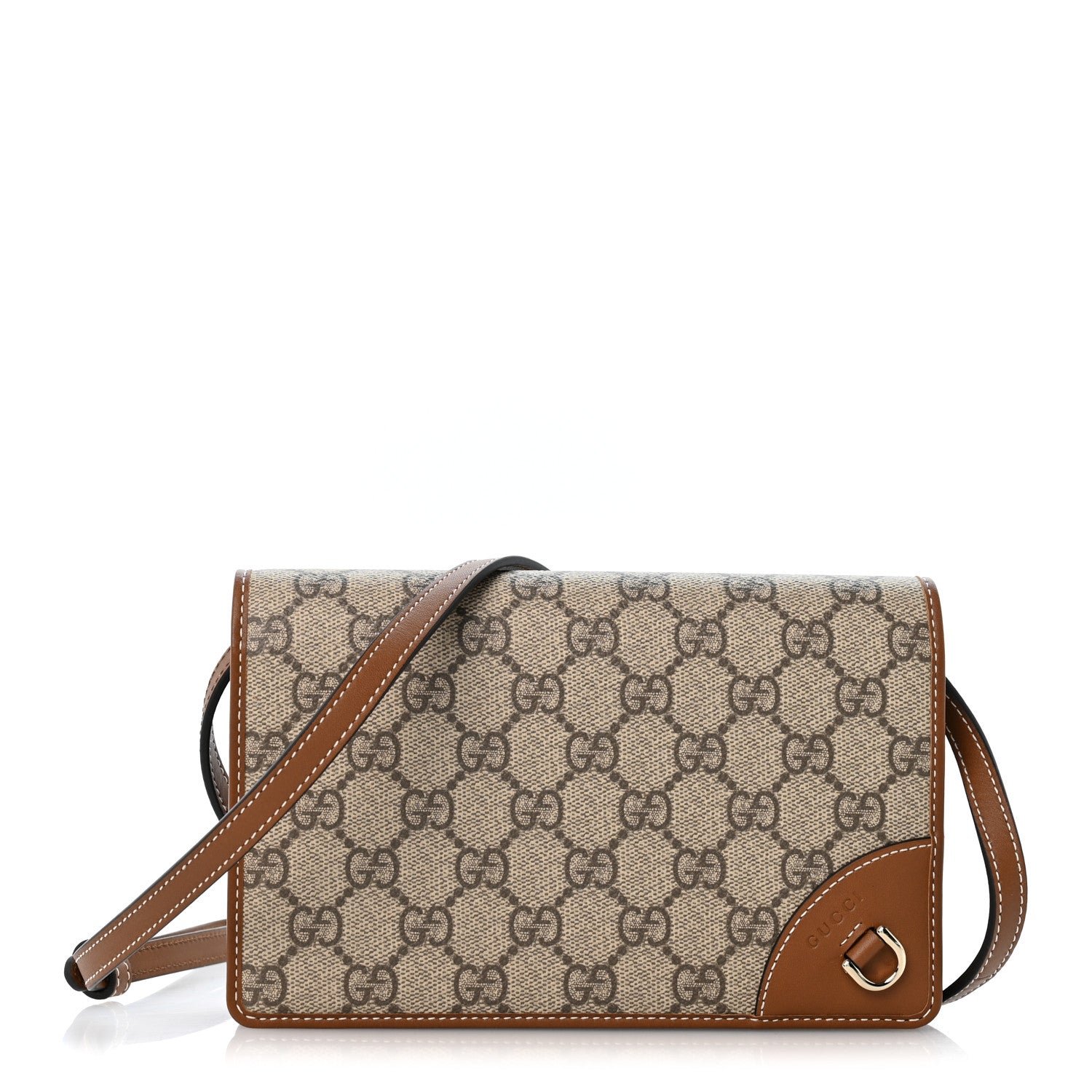 Gucci GG Emblem Monogram Wallet With Strap Beige Brown
