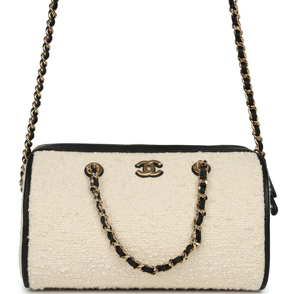 Chanel Coco Beach Mini Timeless Classic Barrel Bag with Chain Ecru Tweed and Black Calfskin Gold Hardware