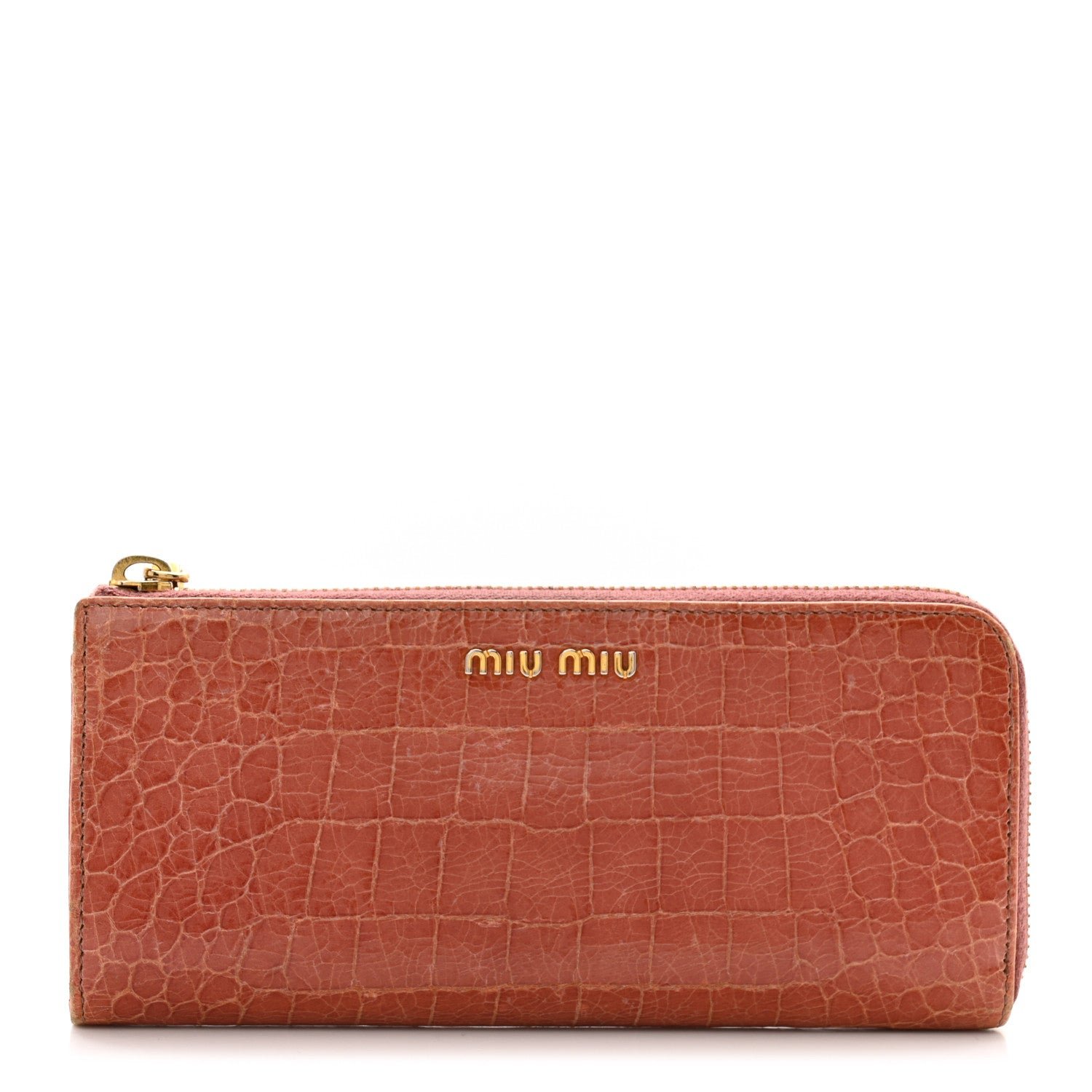 Miu Miu Vernice Crocodile Embossed Calfskin Zip Around Wallet Antico