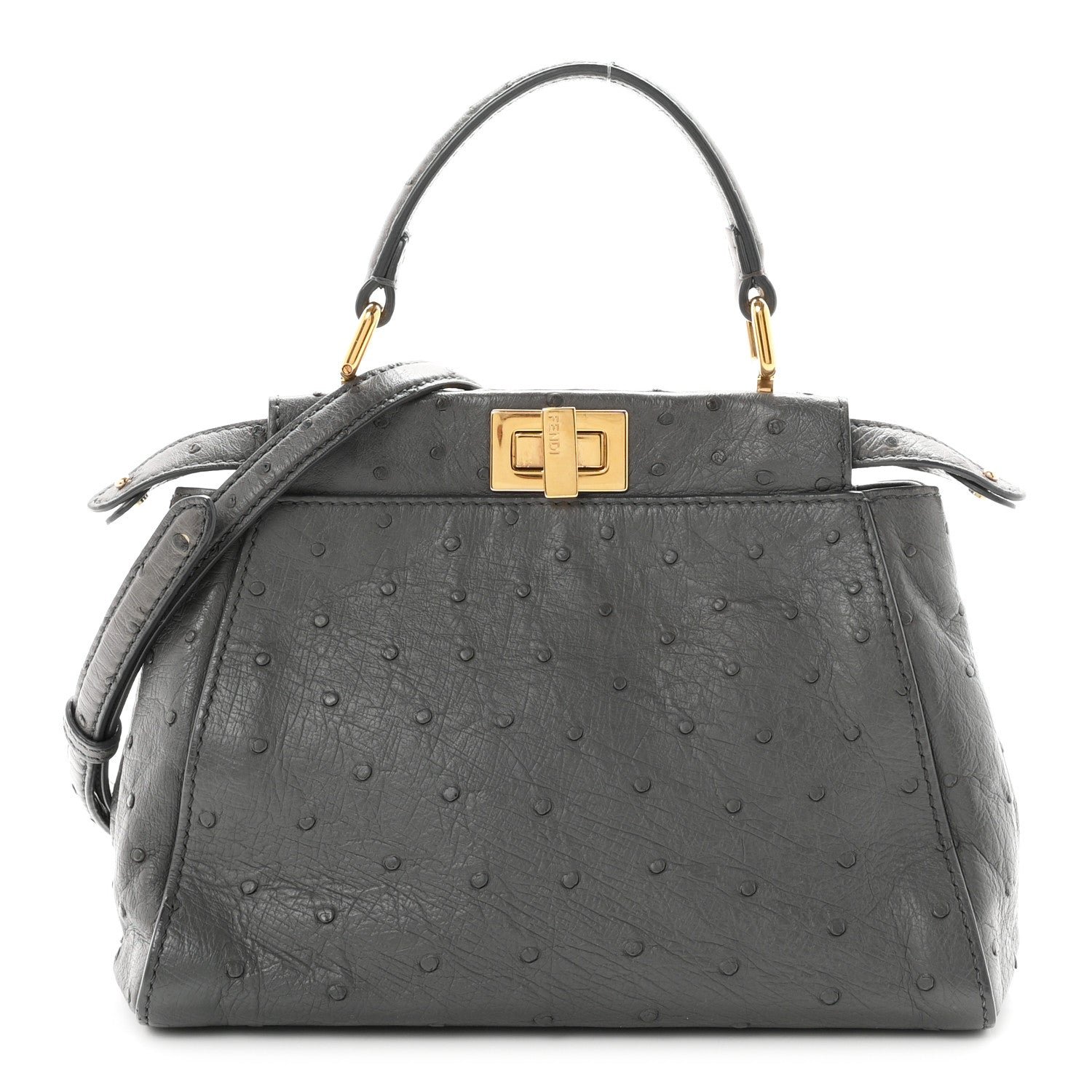 Fendi Ostrich Shiny Nappa Mini Peekaboo Iconic Satchel Grey