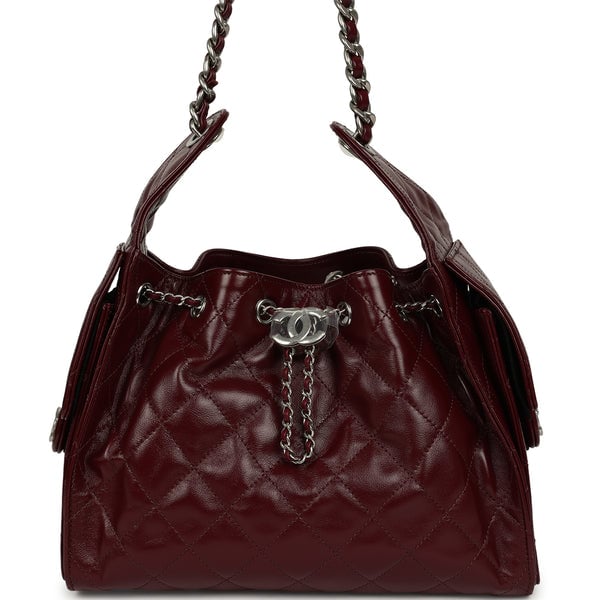 Chanel Small 25 Hobo Bag Dark Burgundy Shiny Lambskin Silver Hardware