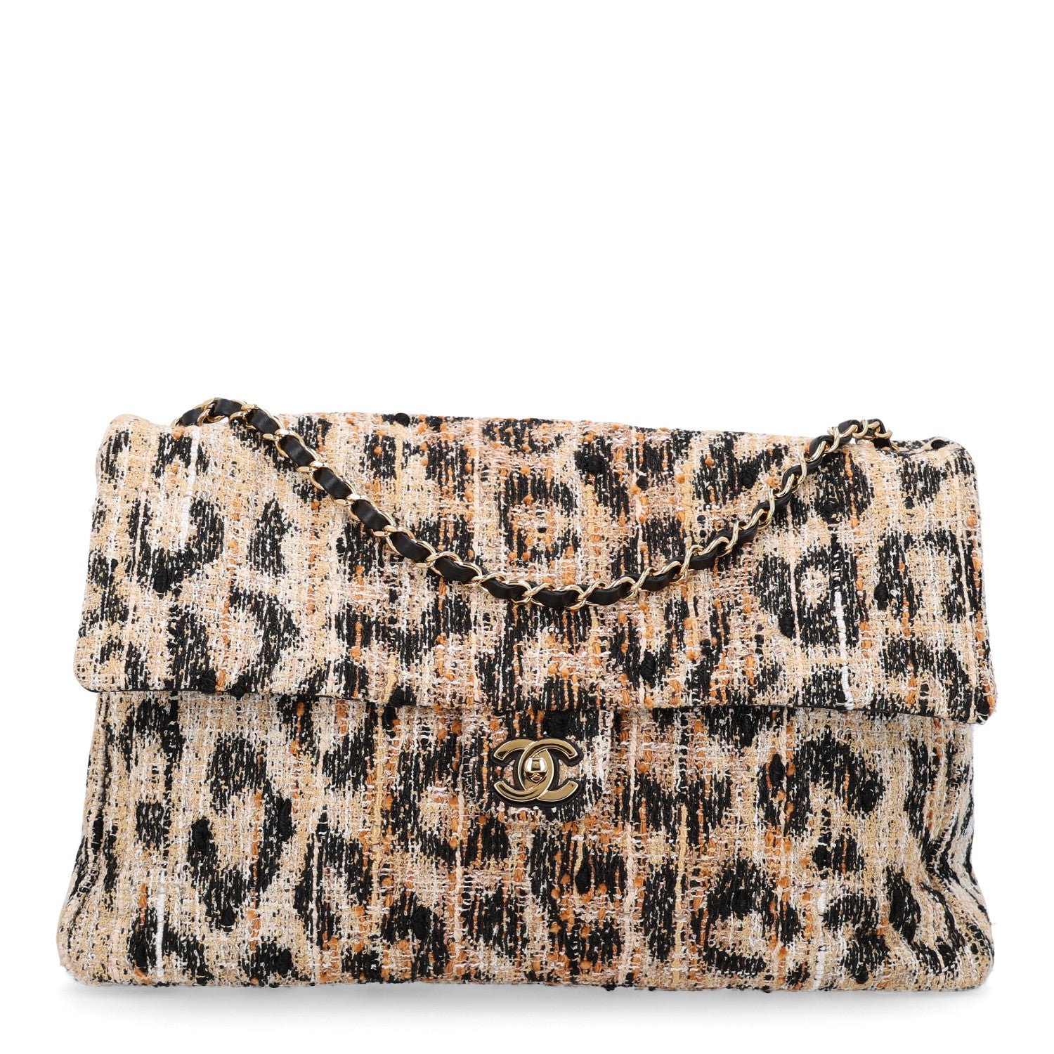 Chanel Tweed Mixed Fibers Leopard Print Souplissimo Maxi Flap Brown Black White