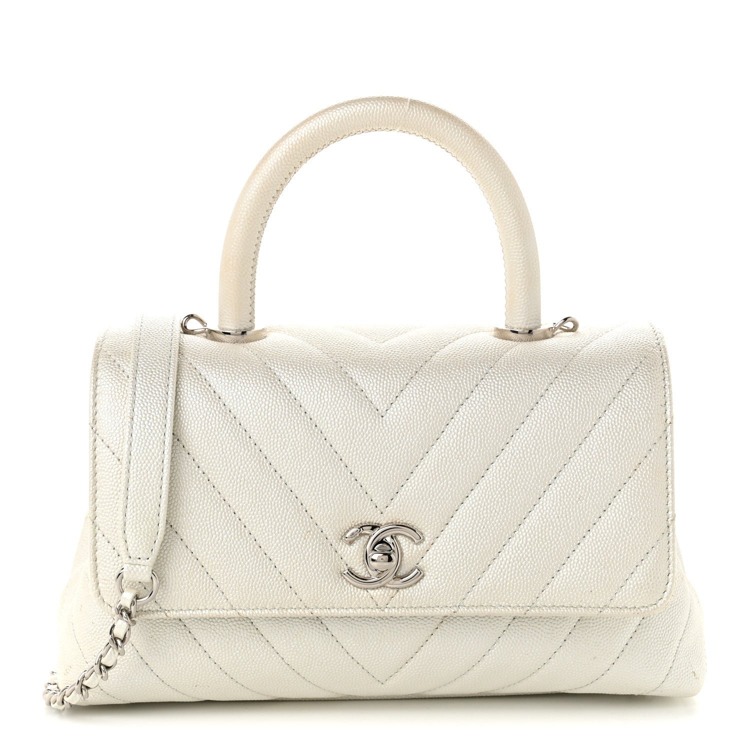 Chanel Iridescent Caviar Chevron Quilted Mini Coco Handle Flap White