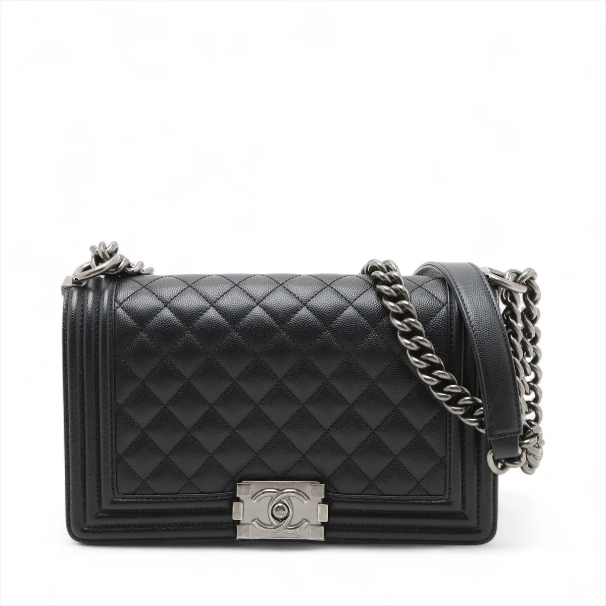 Chanel BOY CHANEL 25 Caviar Skin Chain Shoulder Bag Black Gunmetal Fittings rand