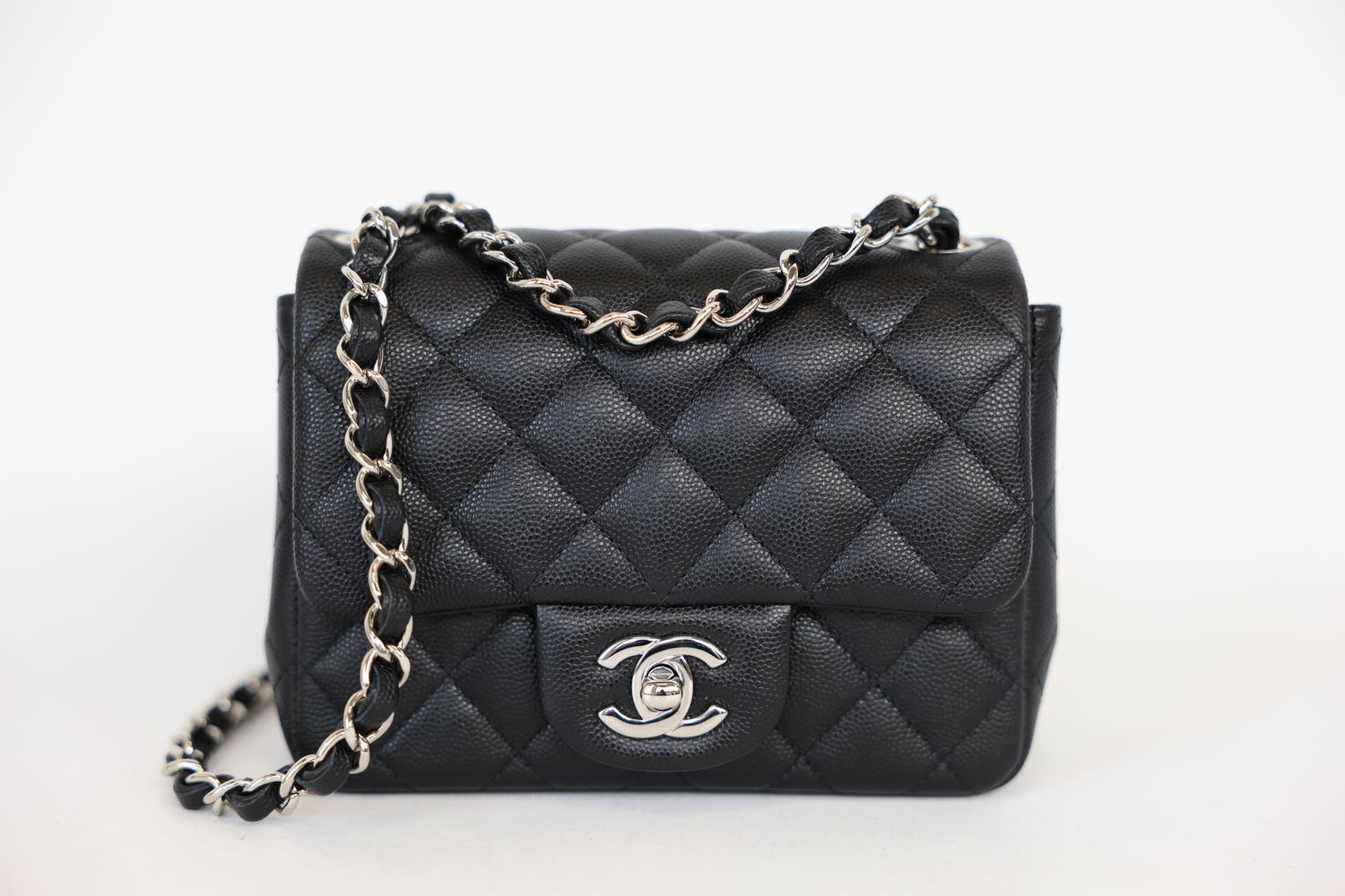 Chanel Classic Square Mini Bag, Black Quilted Caviar Leather and Silver Hardware, Preowned in Dustbag WA001