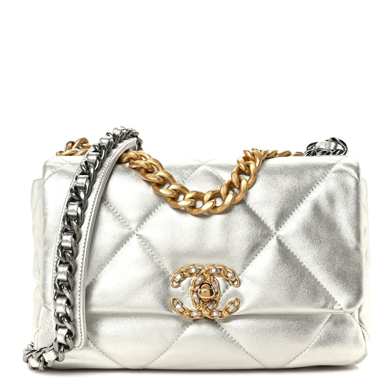 Chanel Metallic Lambskin Quilted Medium Chanel 19 Flap Silver