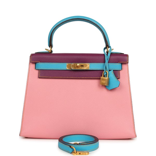 Hermes Pre-owned Hermes Special Order (HSS) Kelly Sellier 28 Rose Confetti, Anemone and Bleu Aztec Chevre Mysore Brushed Gold Hardware