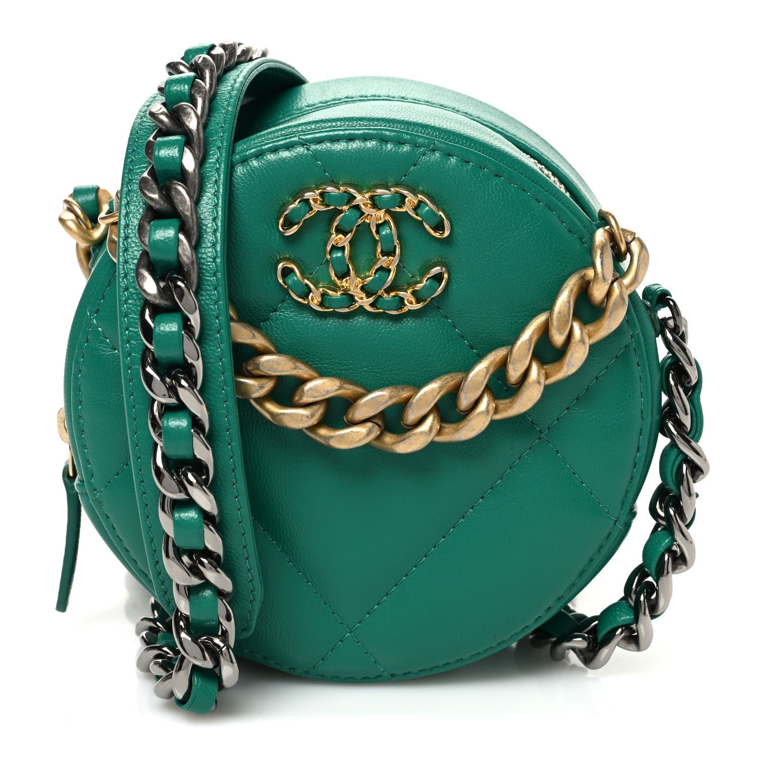 Chanel Lambskin Quilted Chanel 19 Round Clutch With Chain Green