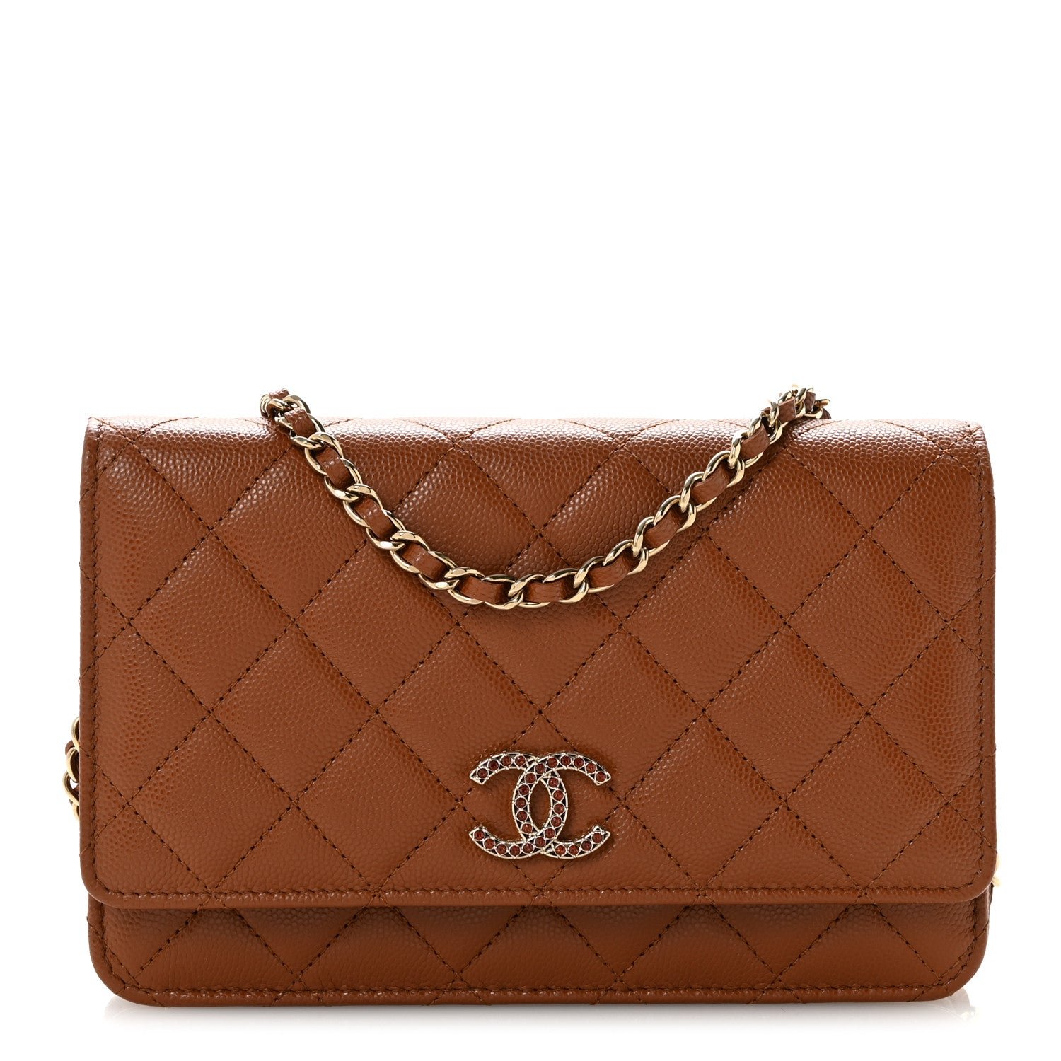 Chanel Shiny Caviar Quilted Strass Wallet On Chain WOC Light Brown