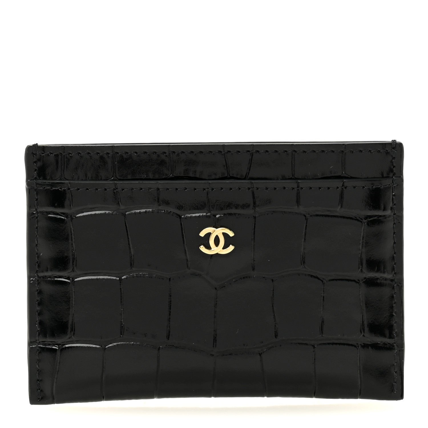 Chanel Calfskin Crocodile Embossed Crococo Card Holder Black