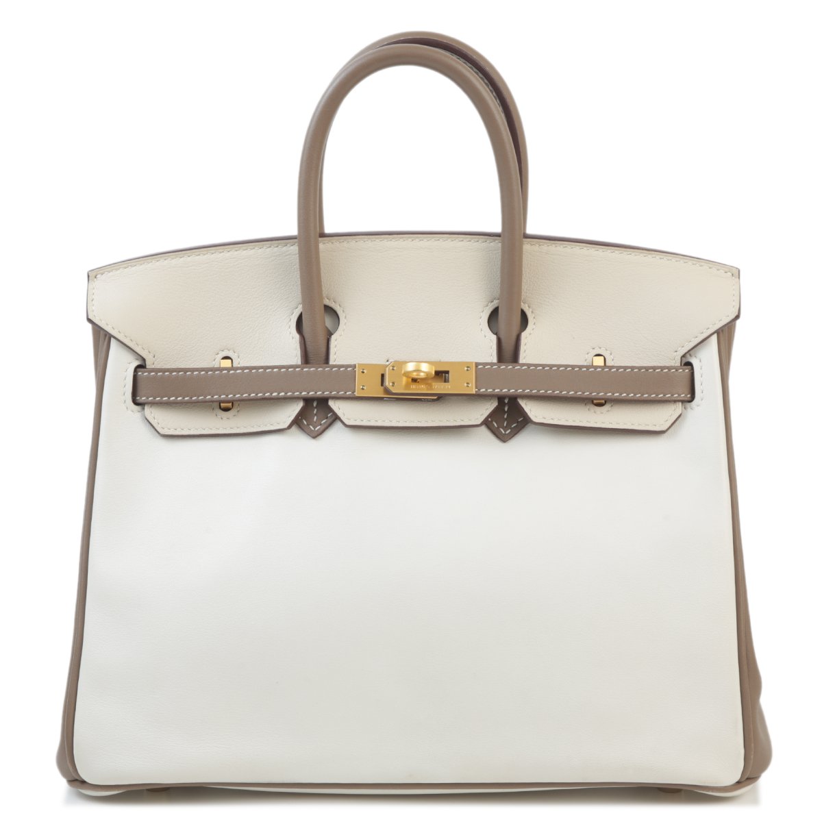 Hermes Very Good ( Rank A) HERMÈS Special Order Birkin 25 Etoupe (18) Parchemin (3C) White (01) Swift Brushed Gold hardware Square R (2014)