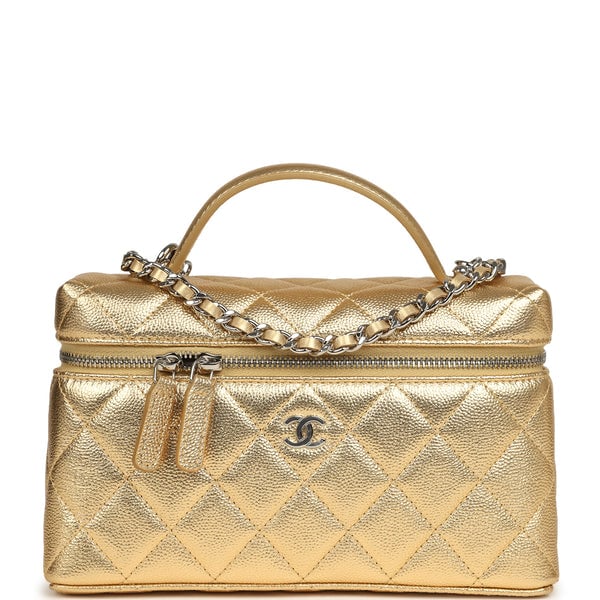 Chanel Top Handle Long Vanity Case with Chain Gold Metallic Caviar Silver Hardware