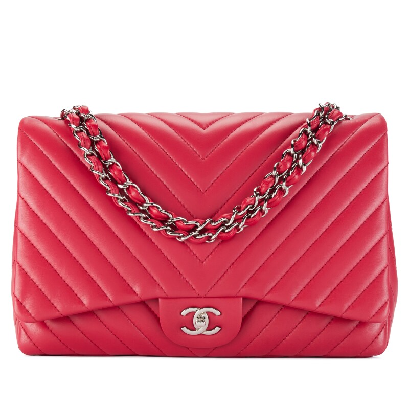 Raspberry Pink Chevron Quilted Lambskin Classic Maxi Single Flap Bag Silver Hardware, 2009-2010