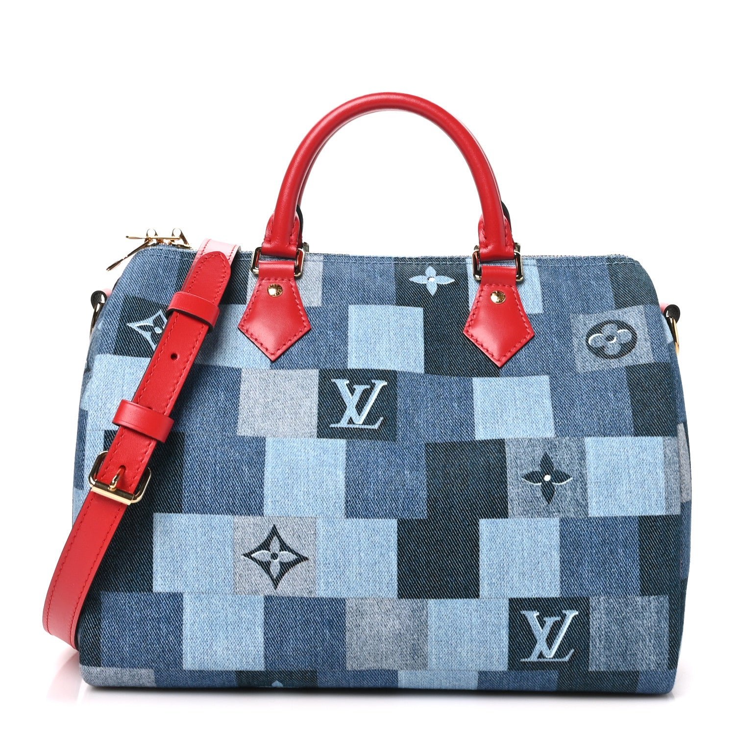 Louis Vuitton Denim Damier Monogram Patchwork Speedy Bandouliere 30 Blue Rouge