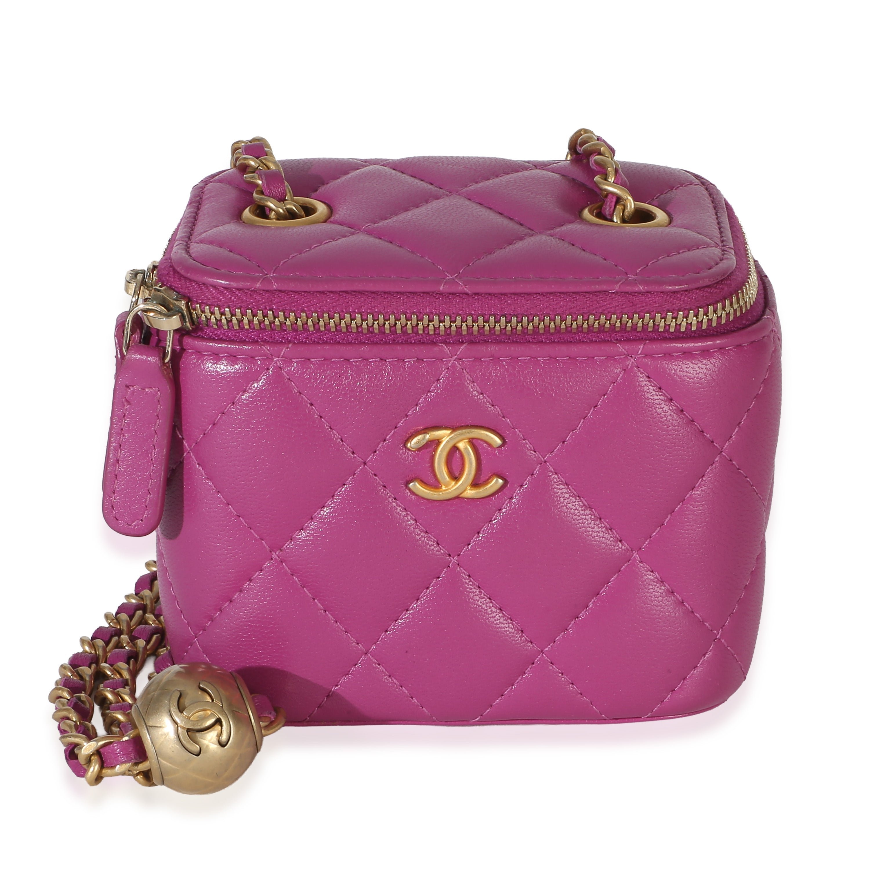 Dark Purple Quilted Lambskin Pearl Crush Mini Vanity Case With Chain