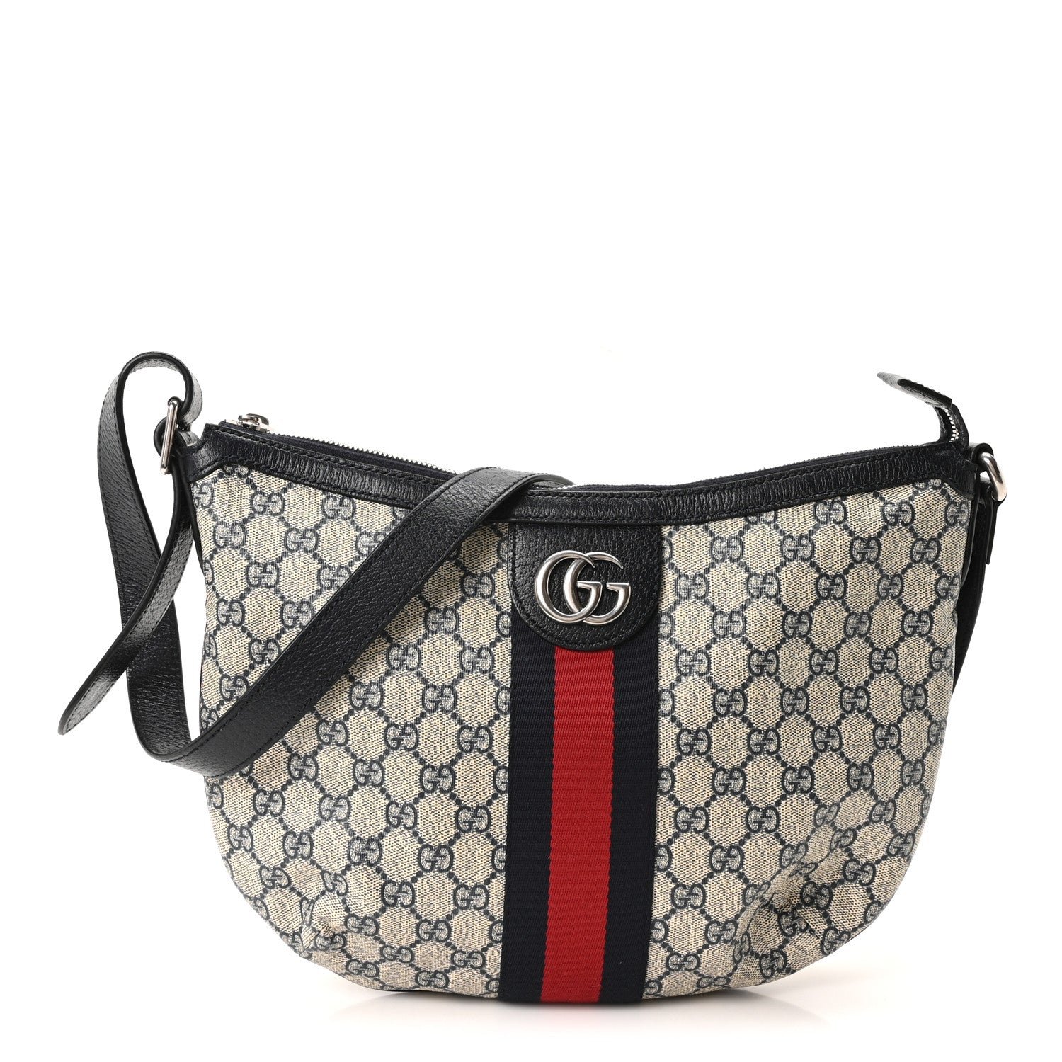 Gucci GG Supreme Monogram Textured Dollar Calfskin Web Small Ophidia Half Moon Hobo Beige Blue