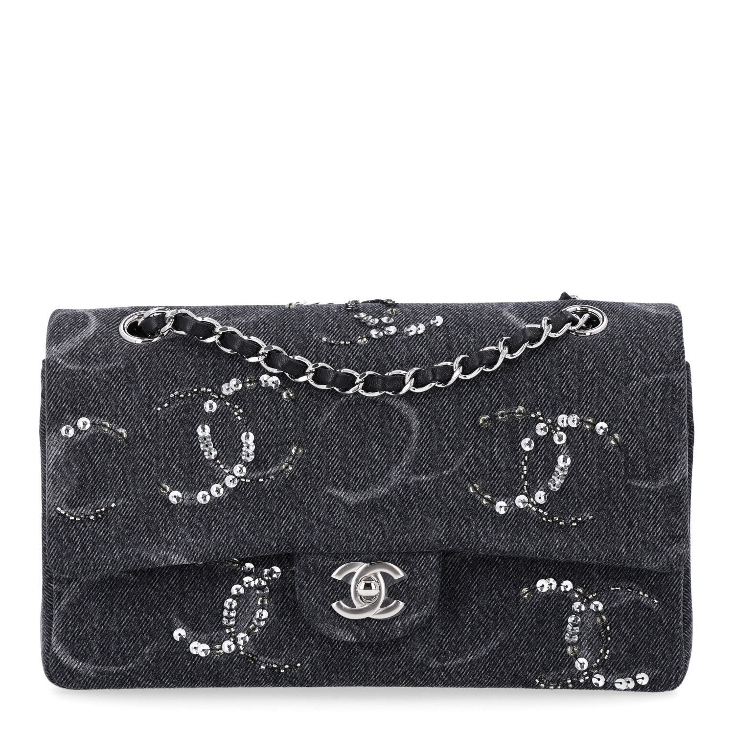 Chanel Denim Crystal Sequin CC Medium Double Flap Black