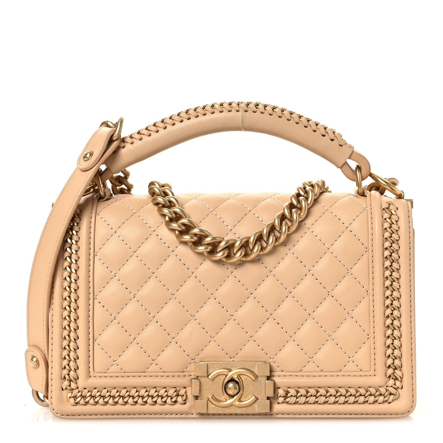 Chanel Calfskin Quilted Medium Boy Top Handle Flap Beige