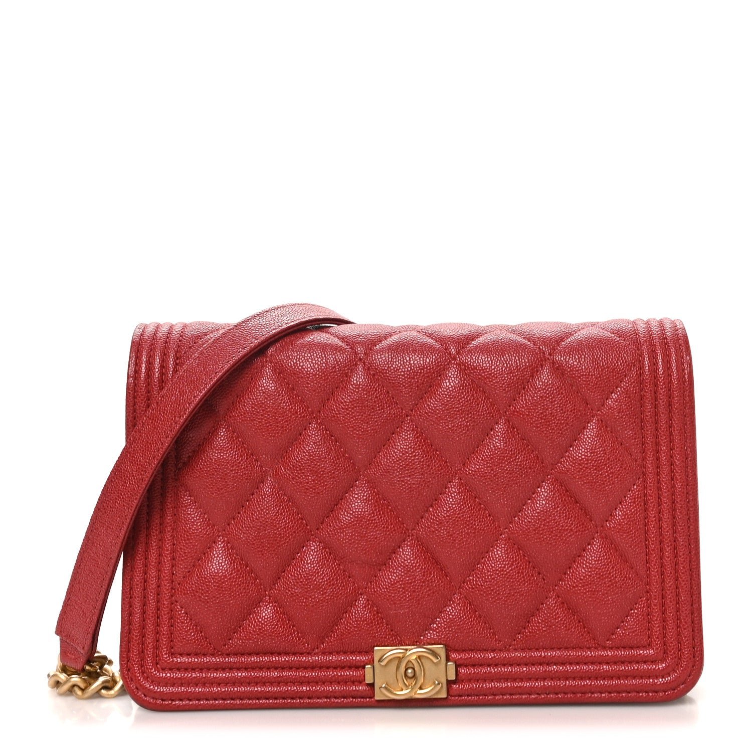 Chanel Caviar Quilted Boy Wallet On Chain WOC Red