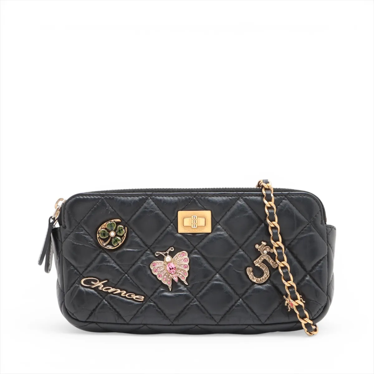 Chanel Matelasse 2.55 Vintage calf Chain Wallet Lucky charm Icon Black Gold Meta