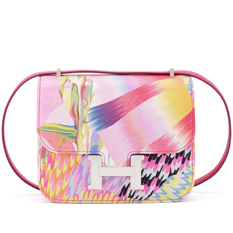 Hermes Limited Edition Rose Mexico Swift and Marble Silk Mini Constance 18 Palladium Hardware, 2021
