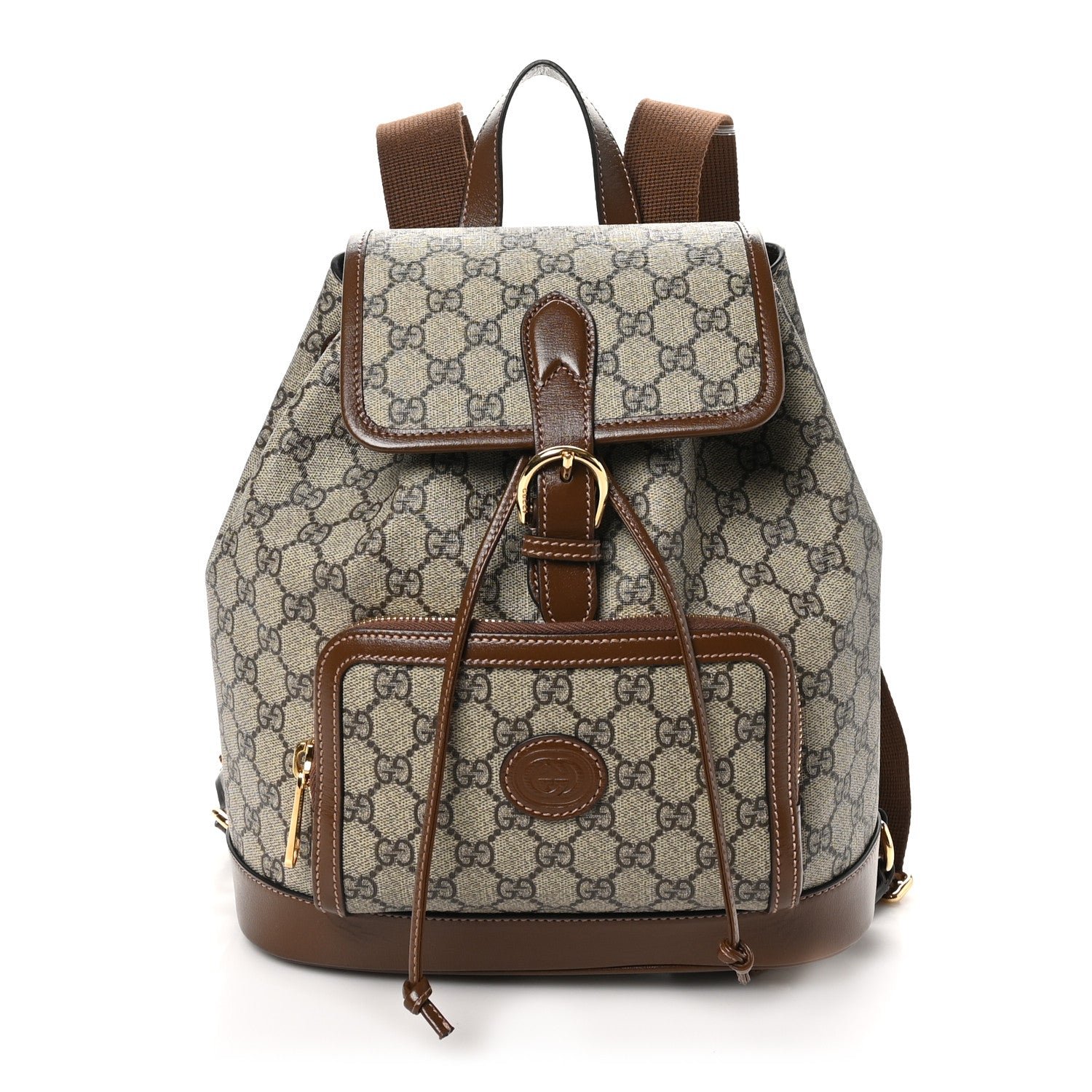 Gucci GG Supreme Monogram Azalea Calfskin Retro Interlocking G Buckle Backpack Beige Ebony Brown Sugar
