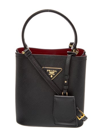 Enameled Metal Triangle Panier Saffiano Leather Bucket Bag Small
