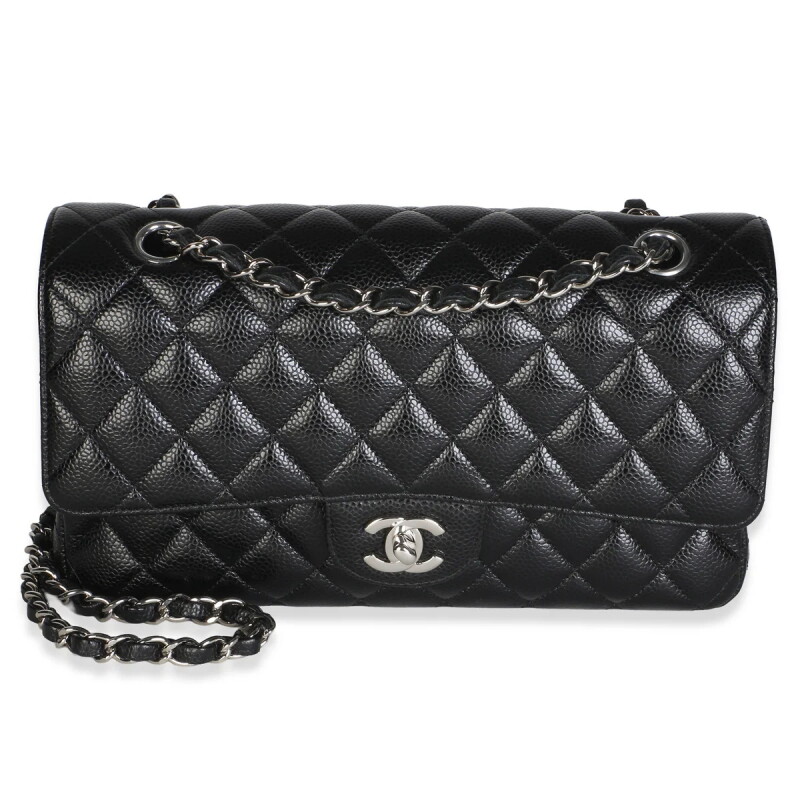 Black Quilted Caviar Medium Classic Double Flap Bag Silver Hardware, 2021