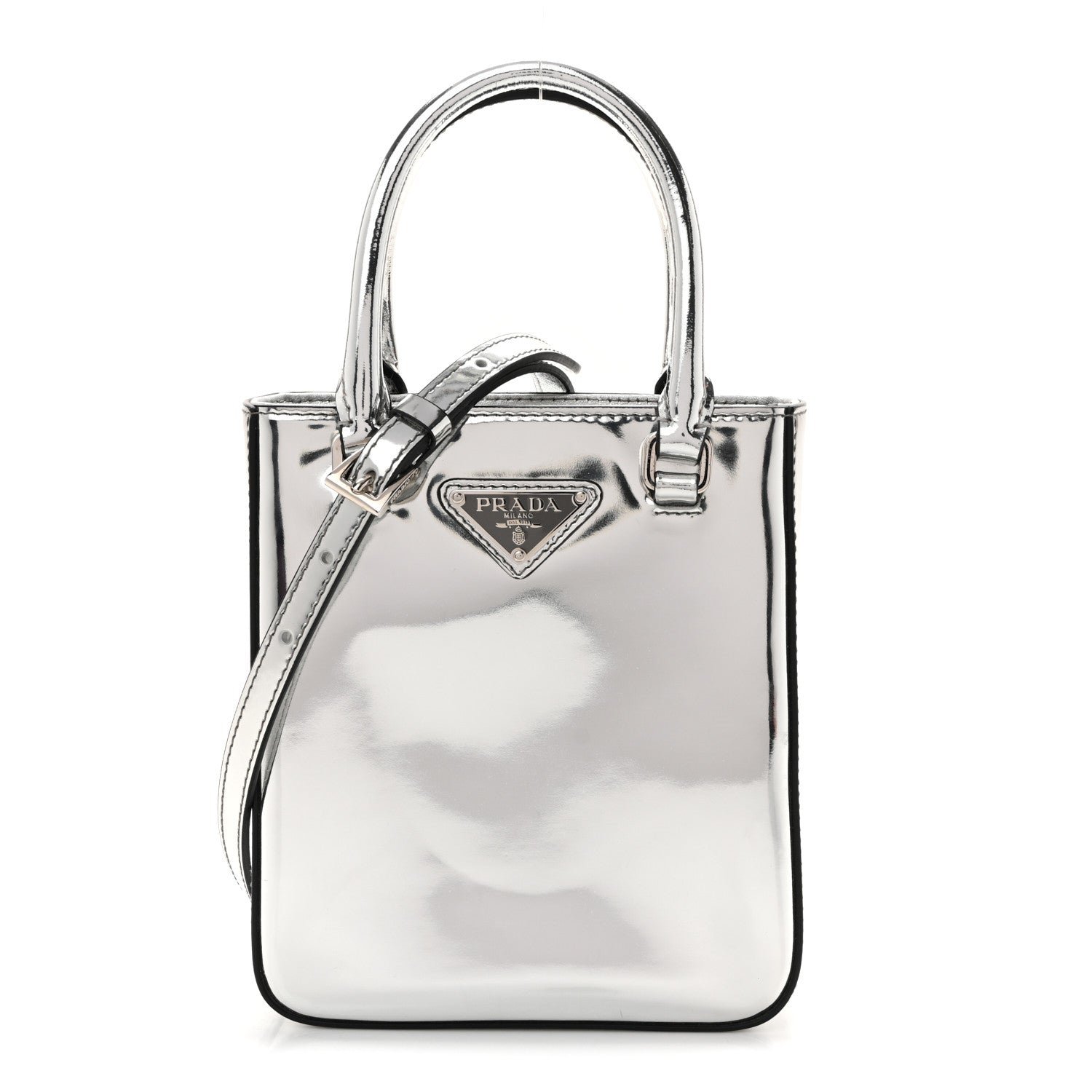Prada Spazzolato Triangle Small Double Handle Crossbody Tote Argento