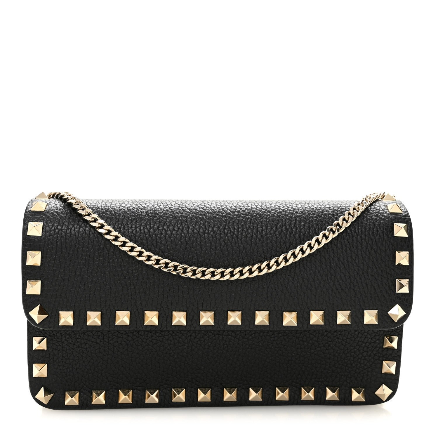 Valentino Garavani Valentino Garavani Pebbled Calfskin Rockstud Flap Wallet On Chain Black