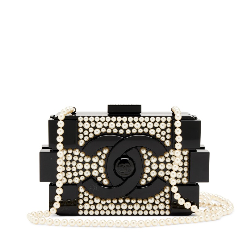 Black Plexiglass and White Imitation Pearl Supermarket Boy Brick Lego Minaudière Clutch Black Hardware, 2014
