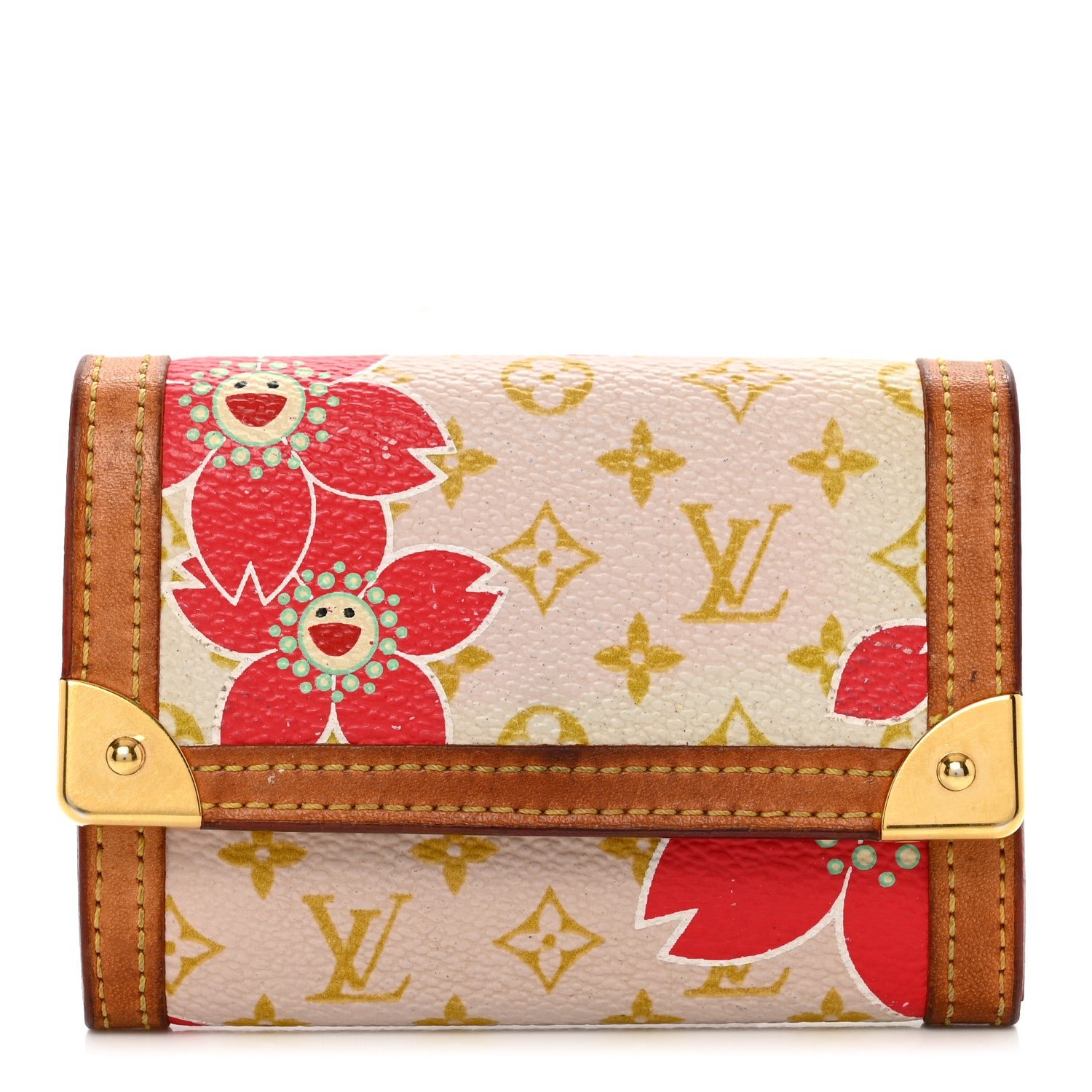 Louis Vuitton Monogram Cherry Blossom Porte-Monnaie Plat Coin Purse Red