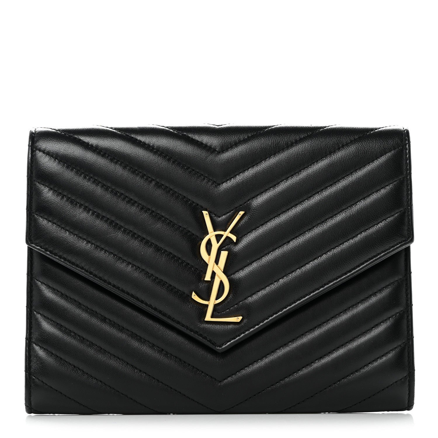 Saint Laurent Lambskin Matelasse Chevron Monogram Cassandre Flap Pouch Black