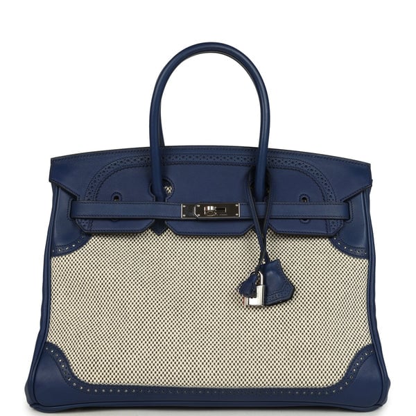 Hermes Pre-owned Hermes Birkin 35 Ghillies Bleu Saphir Swift and Ecru Toile Palladium Hardware