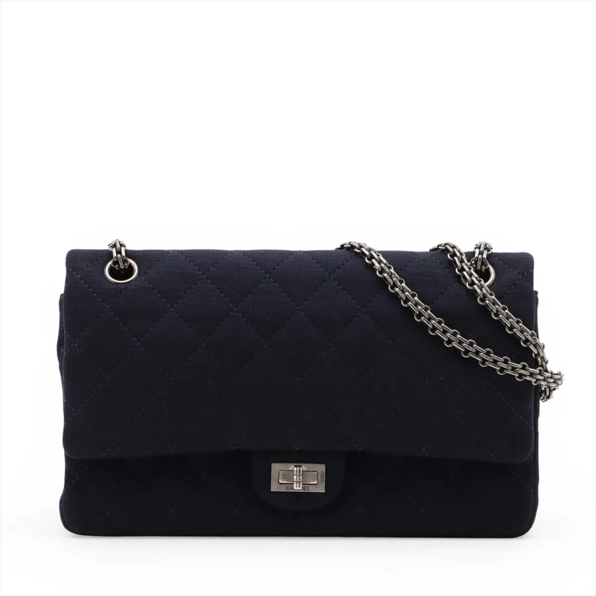 Chanel Matelasse 2.55 Large Cotton Double Flap Double Chain Bag Navy Blue Gunmet