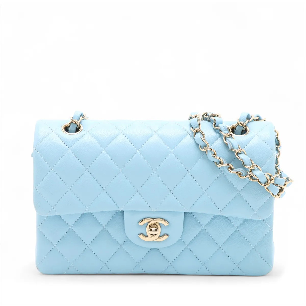 Chanel Matelasse 23 Small Caviar Skin Double Flap Double Chain Bag Blue Gold Met