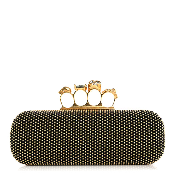 Alexander McQueen Suede Studded Skull Knuckle Box Clutch Black Gold