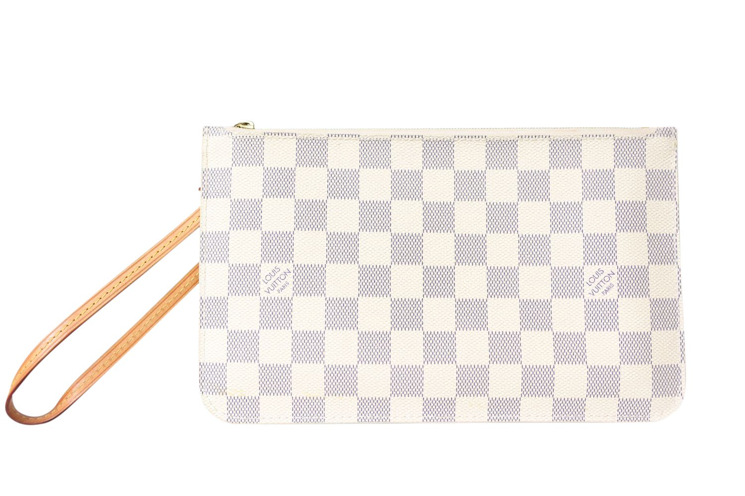 Louis Vuitton Louis Vuitton Neverfull Wristlet, Damier Azur Coated Canvas and Cowhide Leather Trim with Gold Hardware, Preowned WA001