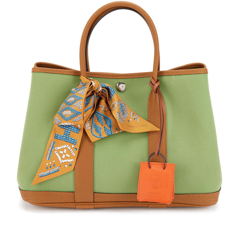 Vert Criquet Toile and Ocre Negonda Garden Party 30 Palladium Hardware, 2020, Twilly and Shopping Bag Charm